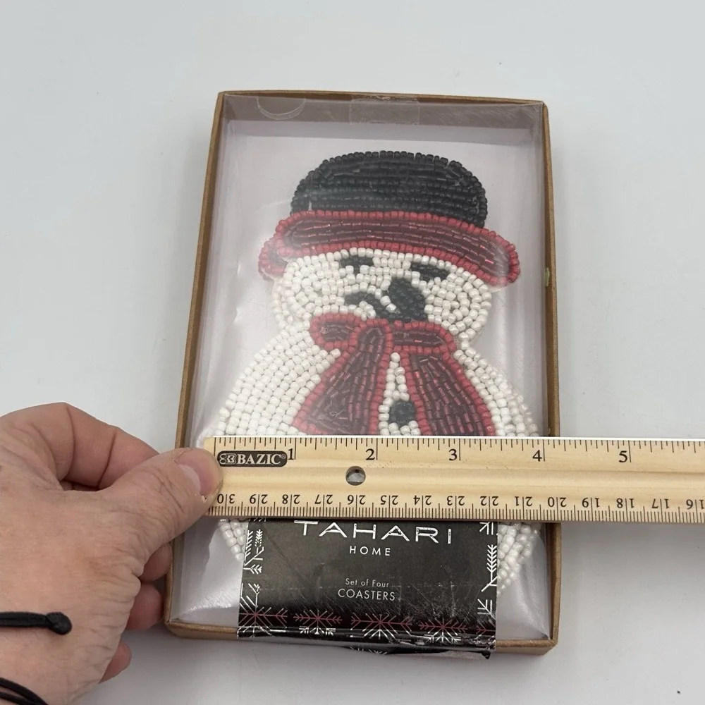TAHARI Beaded Coasters Set Of 4 Snowman White Red Black‎ 6 Inches NIP